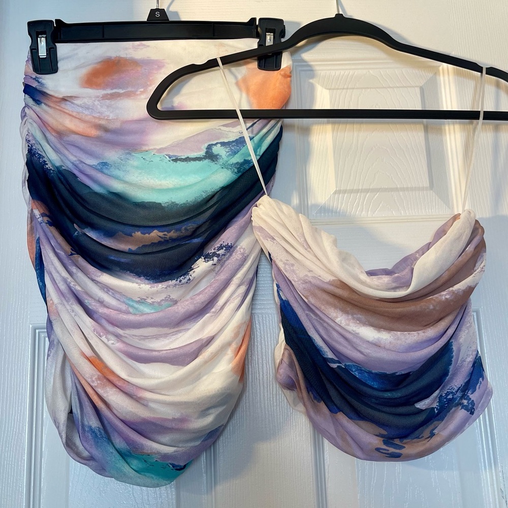Beautiful Two Piece Ruched Skirt Strapless Top Set Mesh Colorful Stretchy